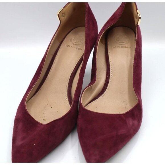 Tory Burch Burgundy Suede Leather Sole Pointed-Toe Heels With Gold Logo 6.5M - Picture 2 of 7